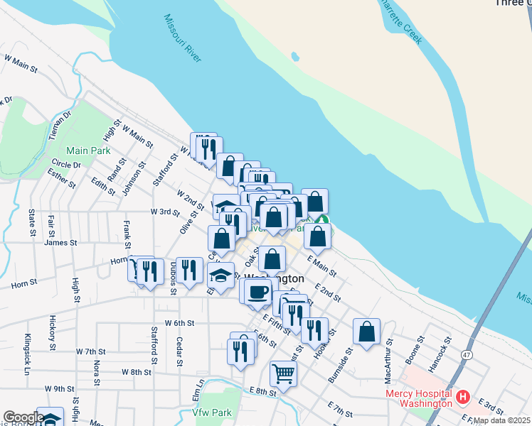 map of restaurants, bars, coffee shops, grocery stores, and more near 203 West Main Street in Washington