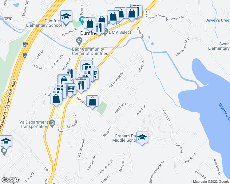 map of restaurants, bars, coffee shops, grocery stores, and more near 3017 Sigel Court in Dumfries