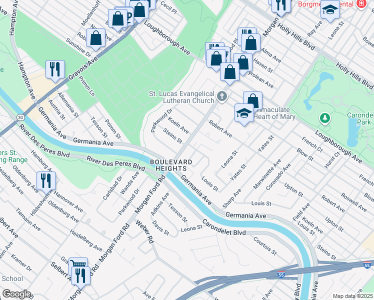 map of restaurants, bars, coffee shops, grocery stores, and more near 7500 Morgan Ford Road in St. Louis