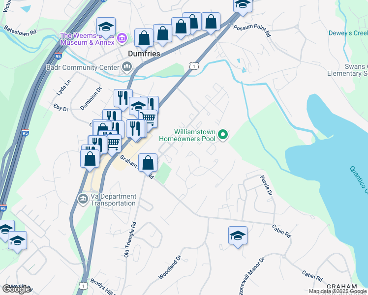 map of restaurants, bars, coffee shops, grocery stores, and more near 3017 Sigel Court in Dumfries