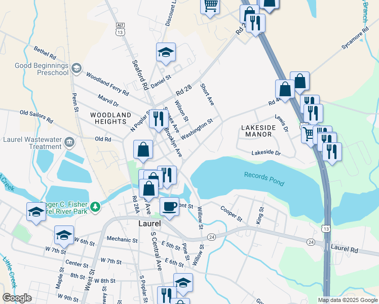 map of restaurants, bars, coffee shops, grocery stores, and more near 157 Delaware Avenue in Laurel