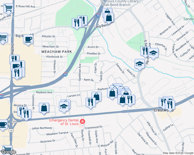 map of restaurants, bars, coffee shops, grocery stores, and more near 1257 Capri Drive in St. Louis
