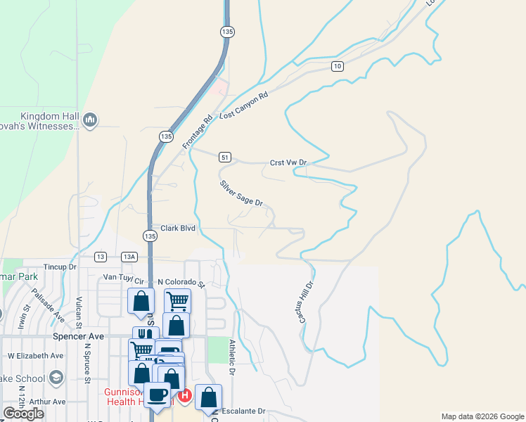 map of restaurants, bars, coffee shops, grocery stores, and more near 45-139 Cactus Hill Drive in Gunnison