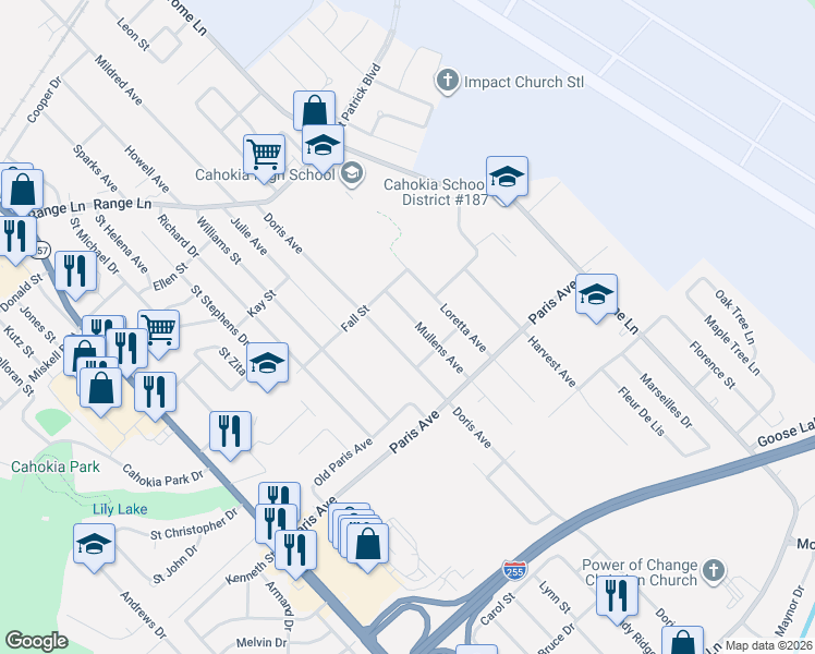 map of restaurants, bars, coffee shops, grocery stores, and more near 1703 Doris Avenue in Cahokia