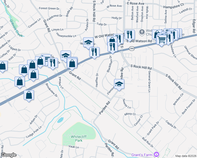 map of restaurants, bars, coffee shops, grocery stores, and more near 5 Heather Drive in St. Louis