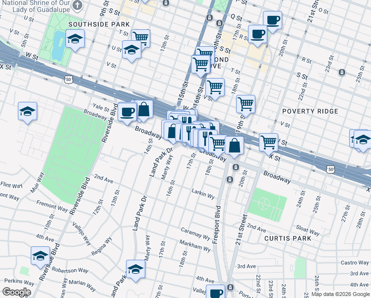 map of restaurants, bars, coffee shops, grocery stores, and more near 2567 16th Street in Sacramento