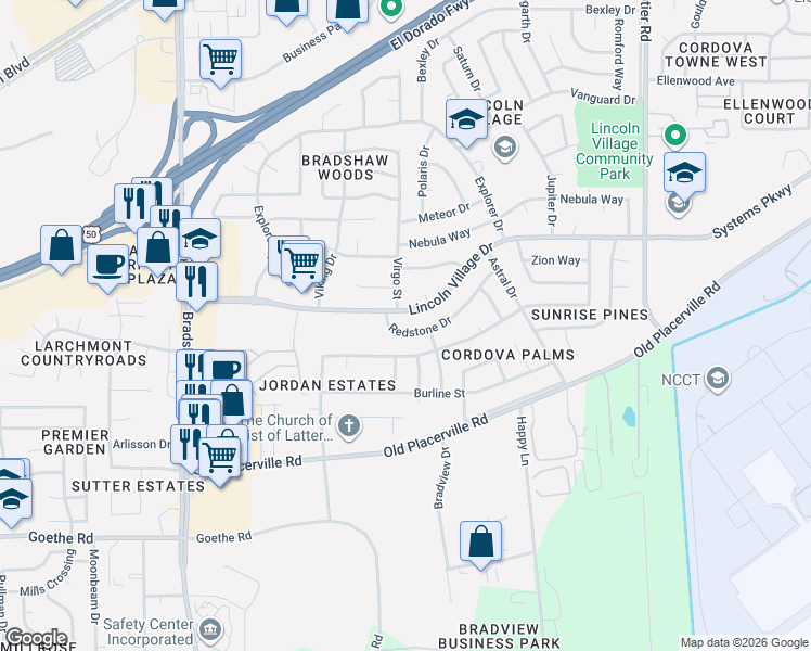 map of restaurants, bars, coffee shops, grocery stores, and more near 9921 Redstone Drive in Sacramento