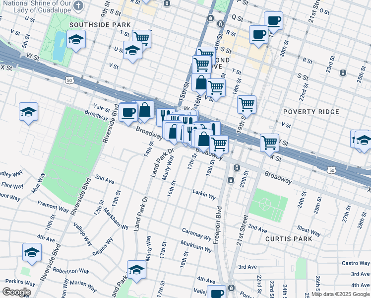 map of restaurants, bars, coffee shops, grocery stores, and more near 2424 16th Street in Sacramento