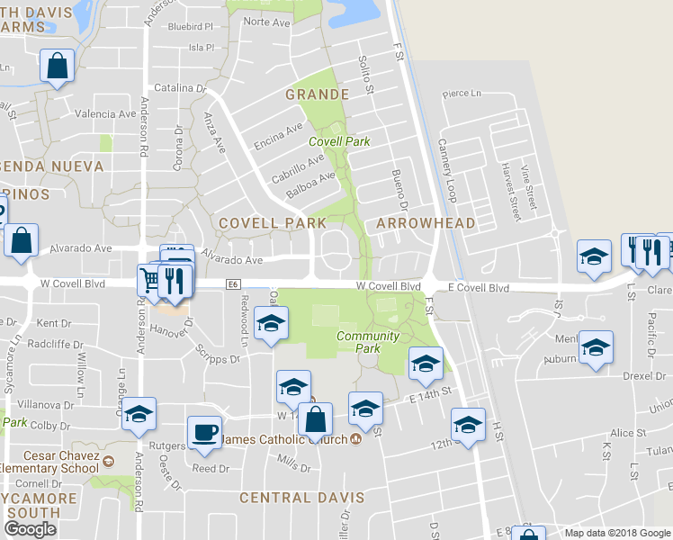 map of restaurants, bars, coffee shops, grocery stores, and more near 2040 Alta Loma Street in Davis