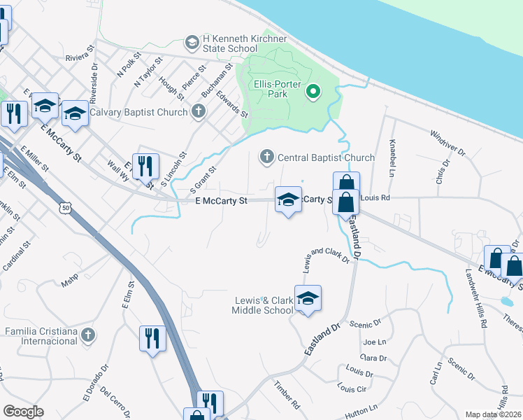 map of restaurants, bars, coffee shops, grocery stores, and more near 1723-1799 East McCarty Street in Jefferson City