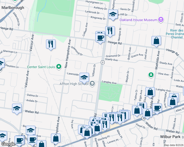 map of restaurants, bars, coffee shops, grocery stores, and more near 8231 Villaton Drive in Affton