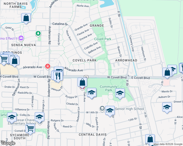 map of restaurants, bars, coffee shops, grocery stores, and more near 501 Alvarado Avenue in Davis