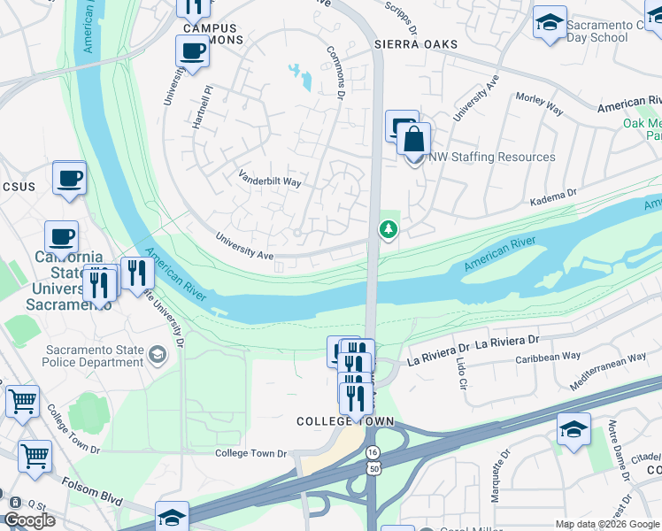 map of restaurants, bars, coffee shops, grocery stores, and more near 1044-1698 University Avenue in Sacramento