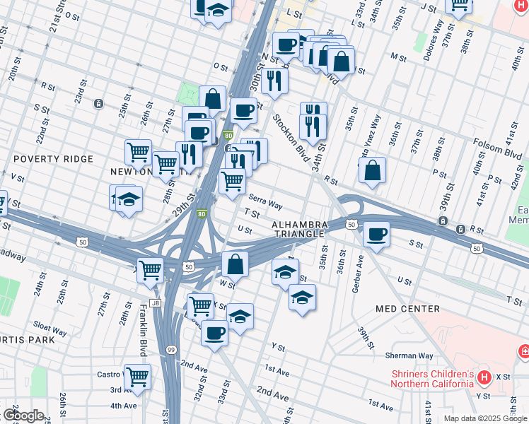 map of restaurants, bars, coffee shops, grocery stores, and more near 3165 Serra Way in Sacramento
