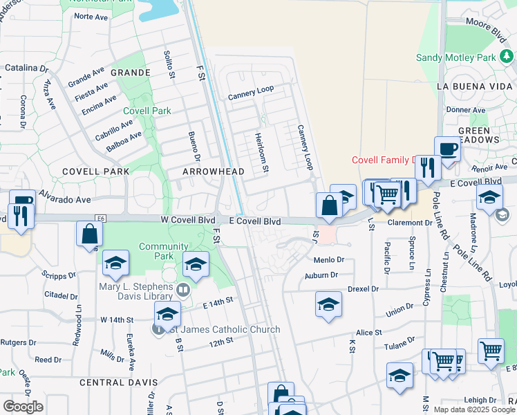 map of restaurants, bars, coffee shops, grocery stores, and more near 1515 Market Avenue in Davis