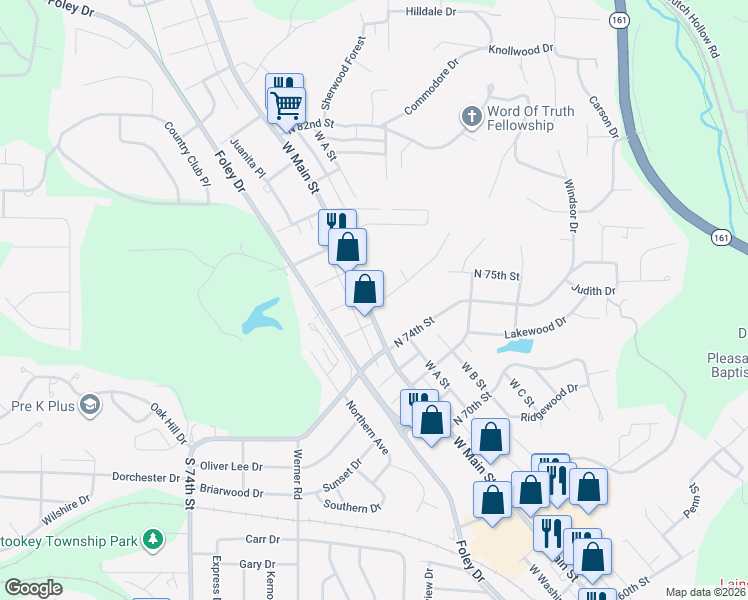 map of restaurants, bars, coffee shops, grocery stores, and more near 7615 West Main Street in Belleville