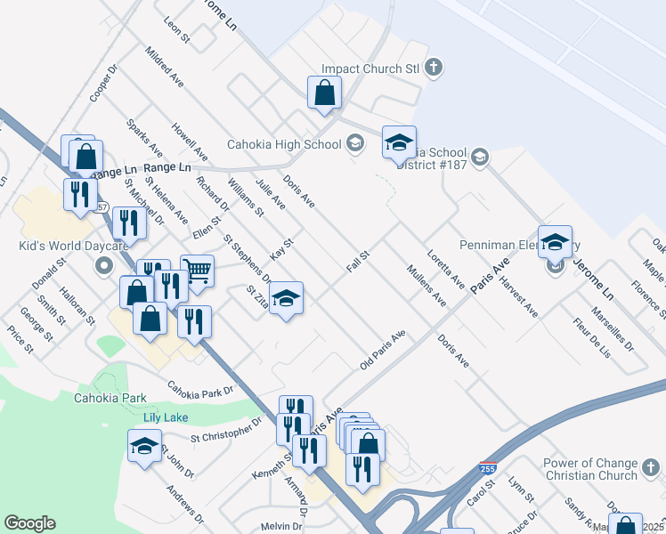 map of restaurants, bars, coffee shops, grocery stores, and more near 1313 Julie Avenue in Cahokia