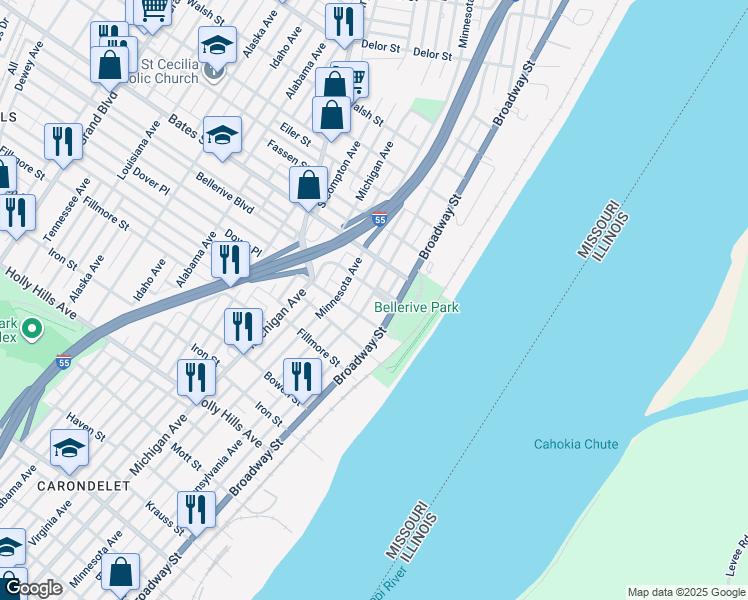 map of restaurants, bars, coffee shops, grocery stores, and more near in St. Louis