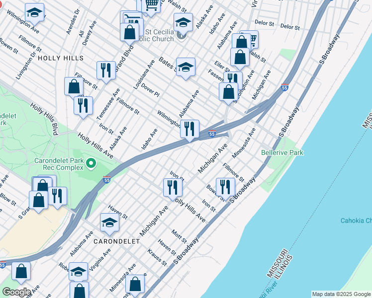 map of restaurants, bars, coffee shops, grocery stores, and more near 601 Fillmore Street in St. Louis