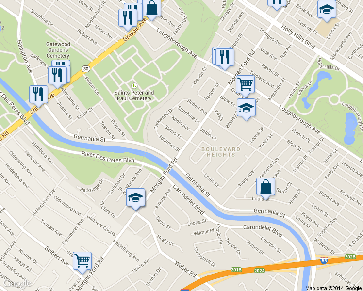 map of restaurants, bars, coffee shops, grocery stores, and more near 4317 Steins Street in St. Louis