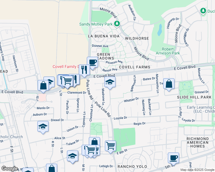 map of restaurants, bars, coffee shops, grocery stores, and more near 1709 Birch Lane in Davis