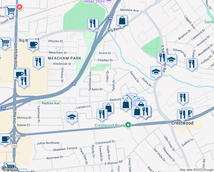map of restaurants, bars, coffee shops, grocery stores, and more near 1234 Capri Drive in St. Louis