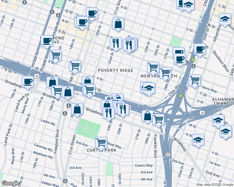 map of restaurants, bars, coffee shops, grocery stores, and more near 2330 V Street in Sacramento