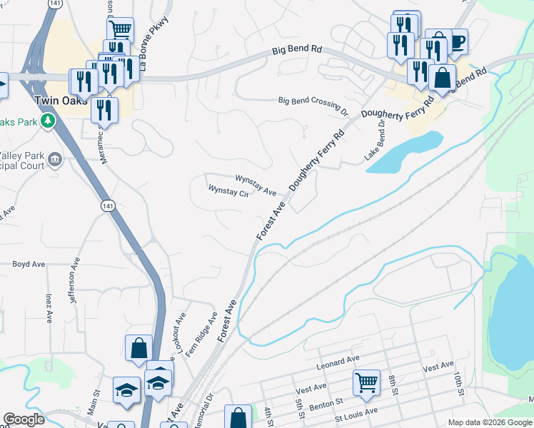 map of restaurants, bars, coffee shops, grocery stores, and more near 12 Wynstay Avenue in Valley Park