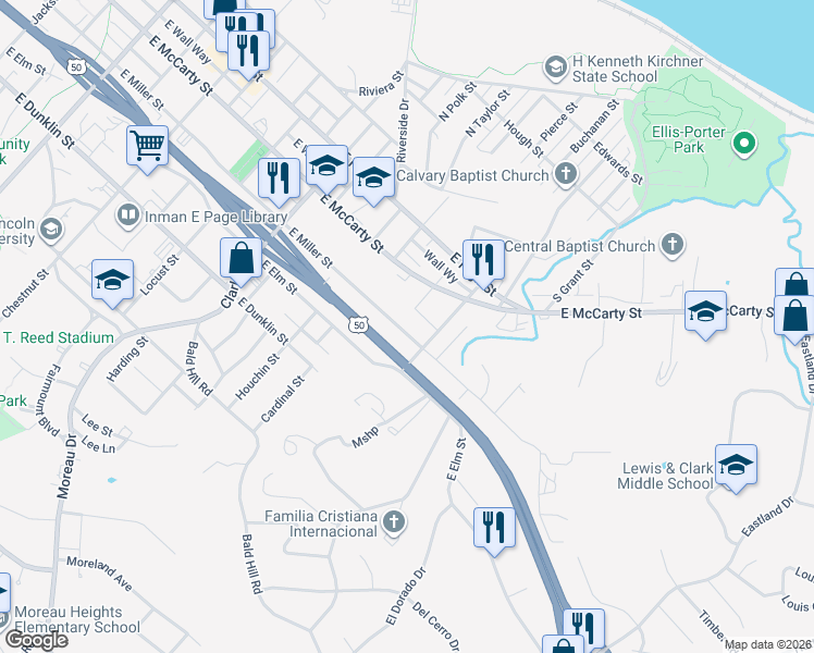 map of restaurants, bars, coffee shops, grocery stores, and more near 1419 East Miller Street in Jefferson City