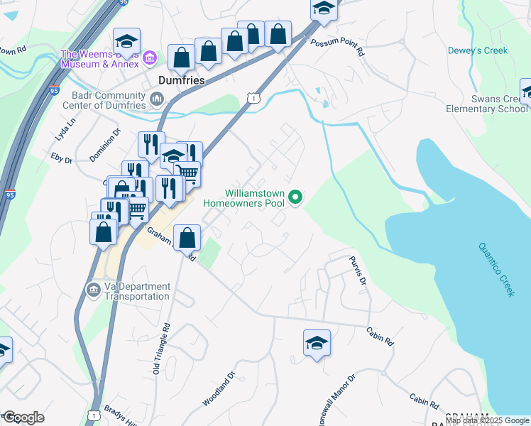 map of restaurants, bars, coffee shops, grocery stores, and more near 1846 Fort Pulaski Court in Dumfries
