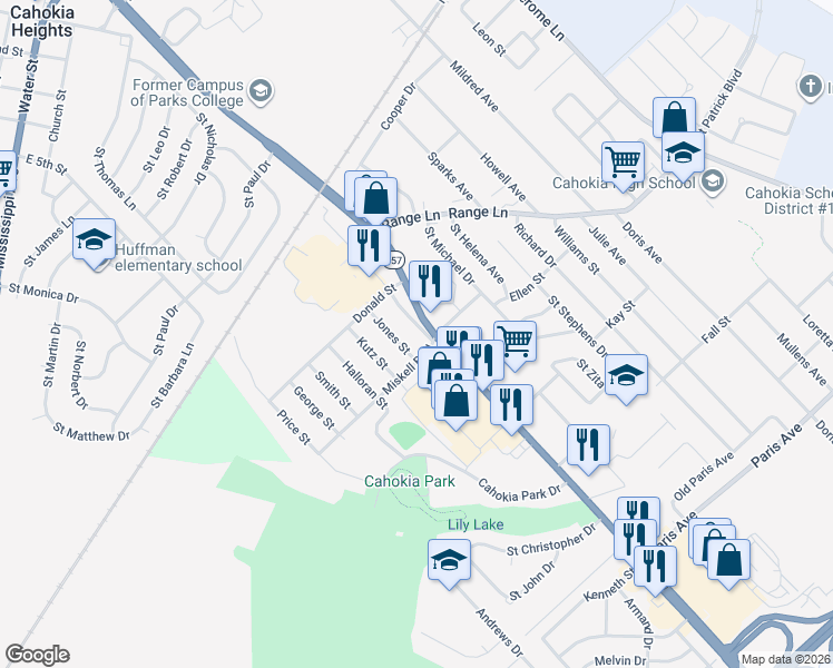 map of restaurants, bars, coffee shops, grocery stores, and more near 1163 Camp Jackson Road in Cahokia