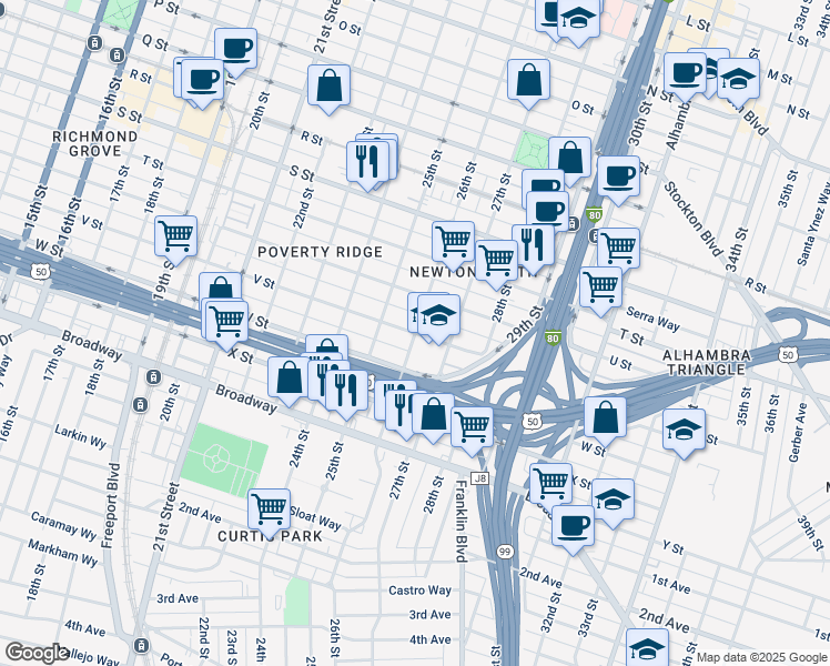 map of restaurants, bars, coffee shops, grocery stores, and more near V St & 26th St in Sacramento