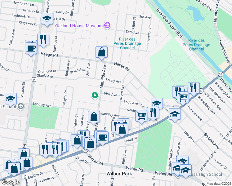 map of restaurants, bars, coffee shops, grocery stores, and more near 5329 Willard Avenue in Affton