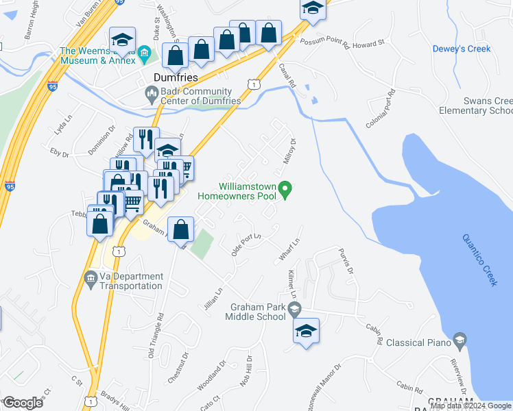 map of restaurants, bars, coffee shops, grocery stores, and more near 1846 Fort Pulaski Court in Dumfries
