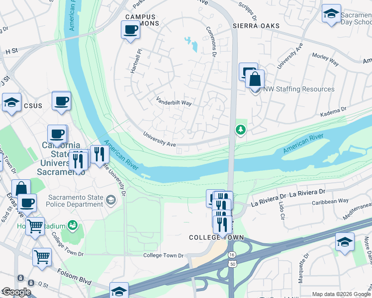 map of restaurants, bars, coffee shops, grocery stores, and more near 1113 Dunbarton Circle in Sacramento