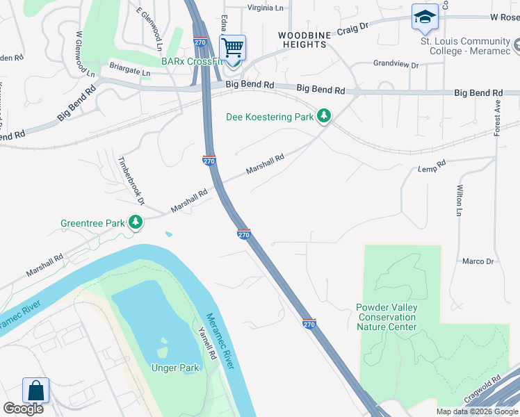 map of restaurants, bars, coffee shops, grocery stores, and more near 1950 South Signal Hills Drive in Kirkwood