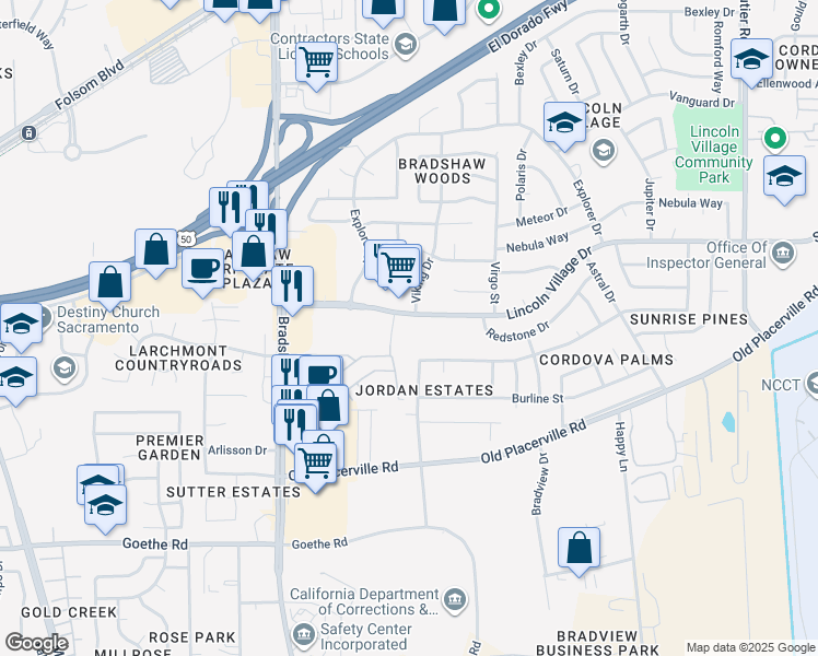 map of restaurants, bars, coffee shops, grocery stores, and more near 9825 Lincoln Village Drive in Sacramento