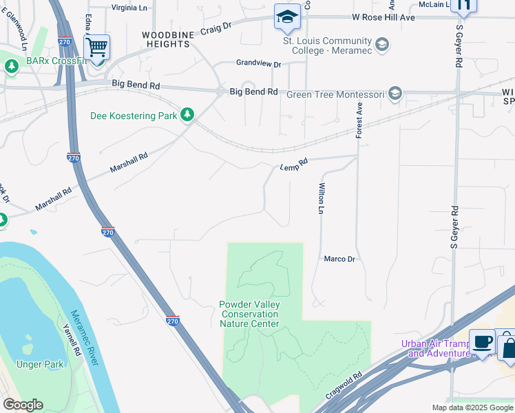 map of restaurants, bars, coffee shops, grocery stores, and more near 24 Lemp Road in St. Louis