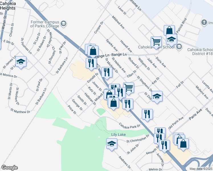 map of restaurants, bars, coffee shops, grocery stores, and more near 1163 Camp Jackson Road in Cahokia Heights
