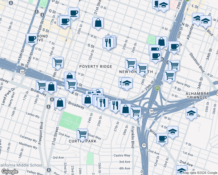 map of restaurants, bars, coffee shops, grocery stores, and more near 2431 V Street in Sacramento