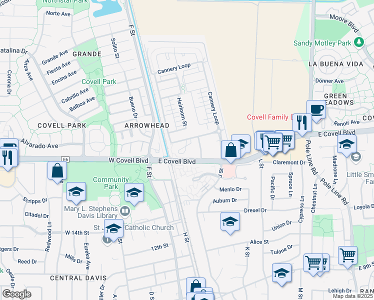 map of restaurants, bars, coffee shops, grocery stores, and more near 1515 Market Avenue in Davis
