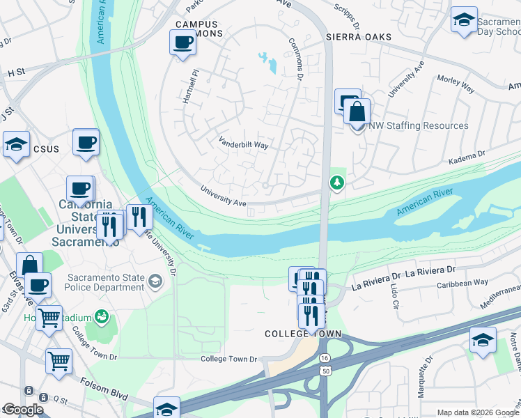 map of restaurants, bars, coffee shops, grocery stores, and more near 1113 Dunbarton Circle in Sacramento