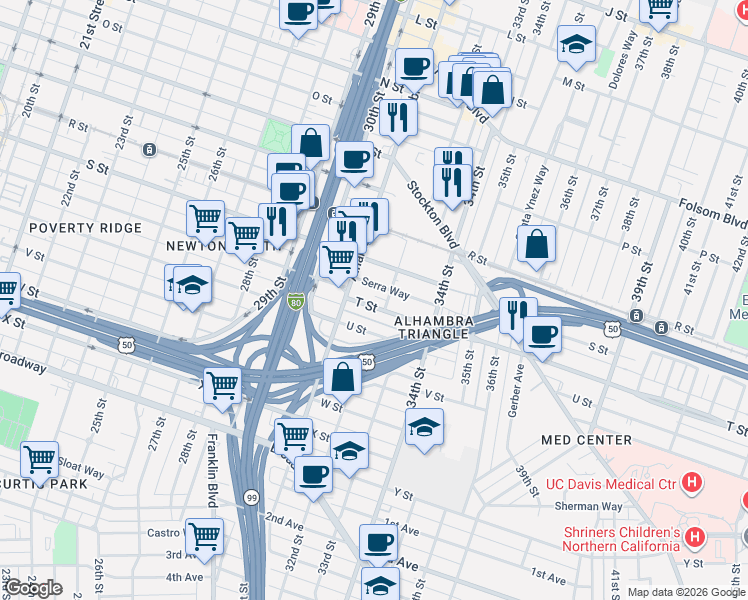 map of restaurants, bars, coffee shops, grocery stores, and more near 3165 Serra Way in Sacramento