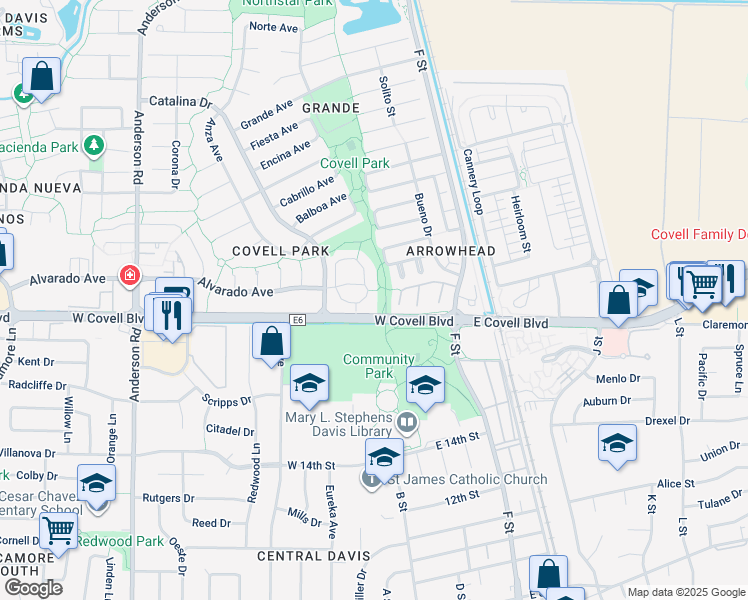 map of restaurants, bars, coffee shops, grocery stores, and more near 412 Alvarado Avenue in Davis