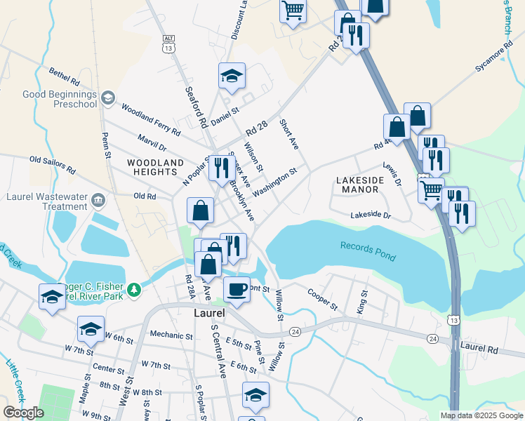 map of restaurants, bars, coffee shops, grocery stores, and more near 106 Washington Street in Laurel