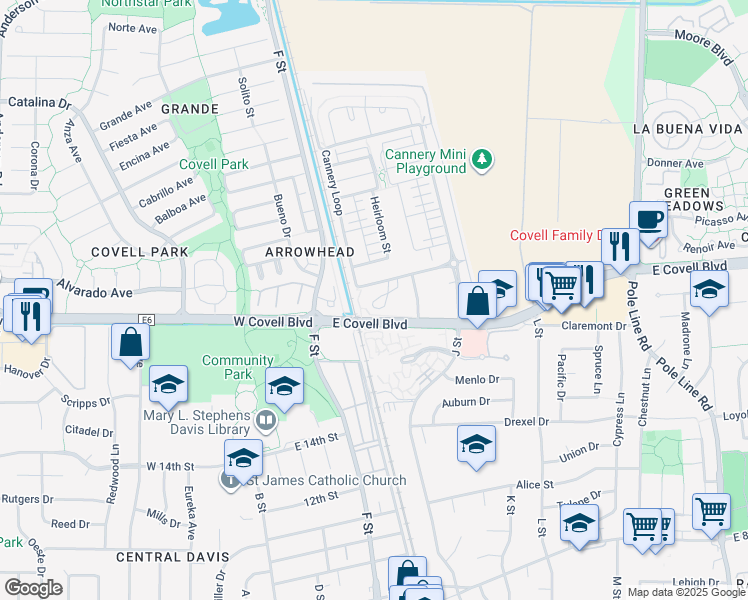 map of restaurants, bars, coffee shops, grocery stores, and more near 900 Jacobsen Lane in Davis
