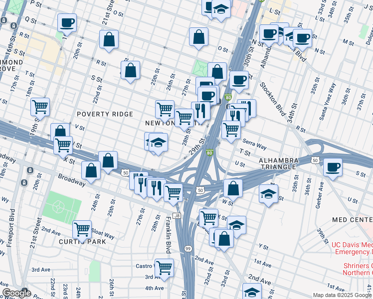 map of restaurants, bars, coffee shops, grocery stores, and more near 2026 28th Street in Sacramento