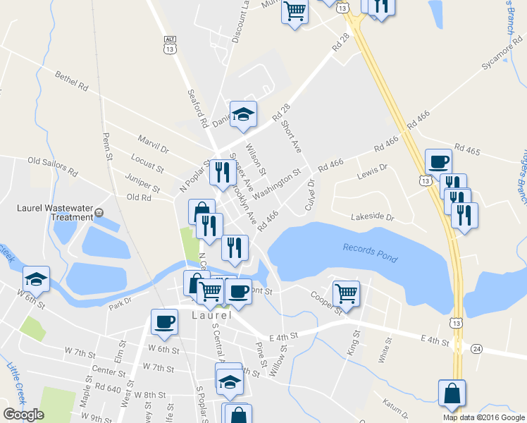 map of restaurants, bars, coffee shops, grocery stores, and more near 157 Delaware Avenue in Laurel