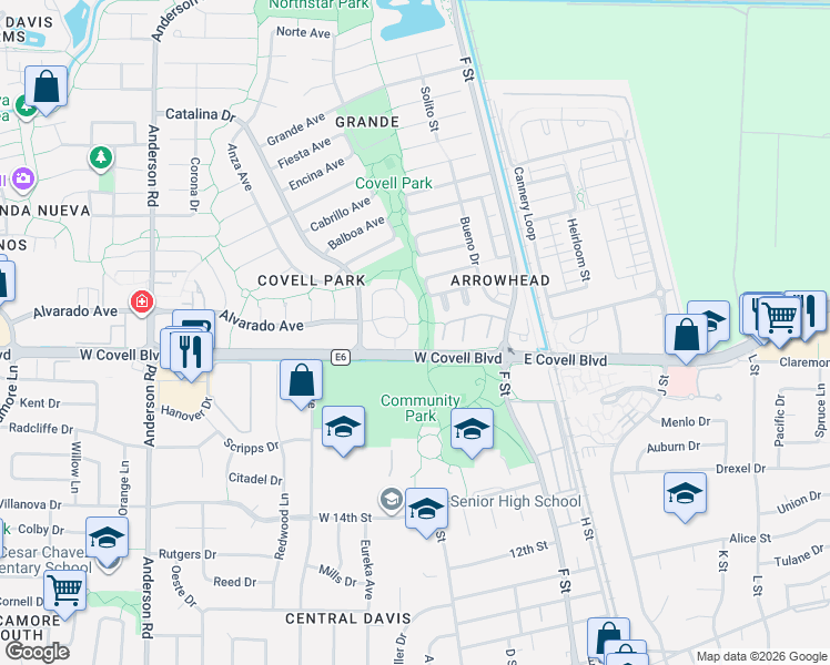 map of restaurants, bars, coffee shops, grocery stores, and more near 412 Alvarado Avenue in Davis