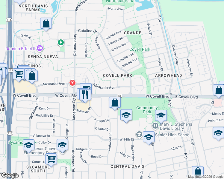 map of restaurants, bars, coffee shops, grocery stores, and more near 606 Alvarado Avenue in Davis